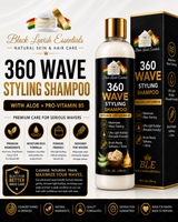Black Lavish Essentials 360 Wave Styling Shampoo bottle and its retail box, displayed on a white background with promotional text and feature icons.