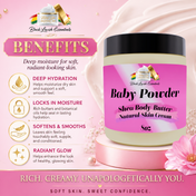 Shea body butter container with pink label on a pink background, featuring product benefits.