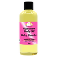 Bottle of Signature Body Oil with pink label on a white background