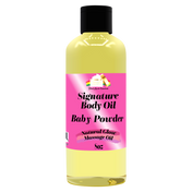 Bottle of Signature Body Oil with pink label on a white background