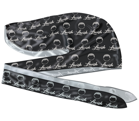 Black satin durag headband with 'Lavish' branding and white circular patterns on a white background. 

Silk durag made for laying down 360 waves and drying hair after applying wave pomade and brushing.

Luxury comfort, wave protection, and timeless streetwear style.