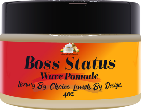 Jar of Boss Status Wave Pomade with a red and orange label.