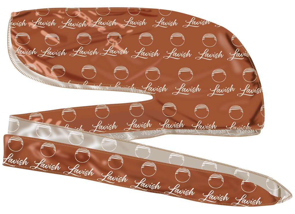 Brown hair silk durag head cover with 'Lavish' branding on a white background. Silk durag made for laying down 360 waves and drying hair after applying wave pomade and brushing.