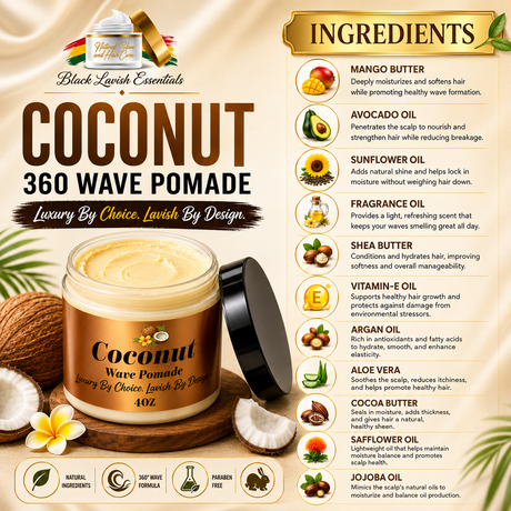 Coconut 360 Wave Pomade container with ingredients list on a beige background