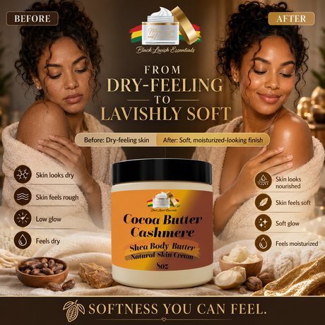 Before and after comparison of a woman's skin with a Cocoa Butter Cashmere product, showing improved softness.