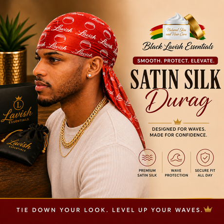 Man wearing a red 'Black Lavish Essentials' satin silk durag with product packaging and branding.