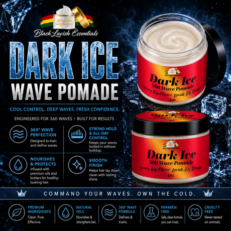Dark Ice Wave Pomade packaging with product details on a dark background