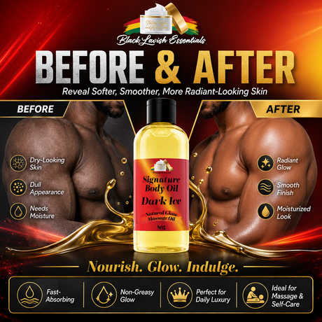 Advertisement for Black Leveish Essentials body oil showing 'Before & After' effects on skin.