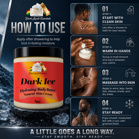 Dark Ice Hydrating Body Butter with usage instructions on a dark background