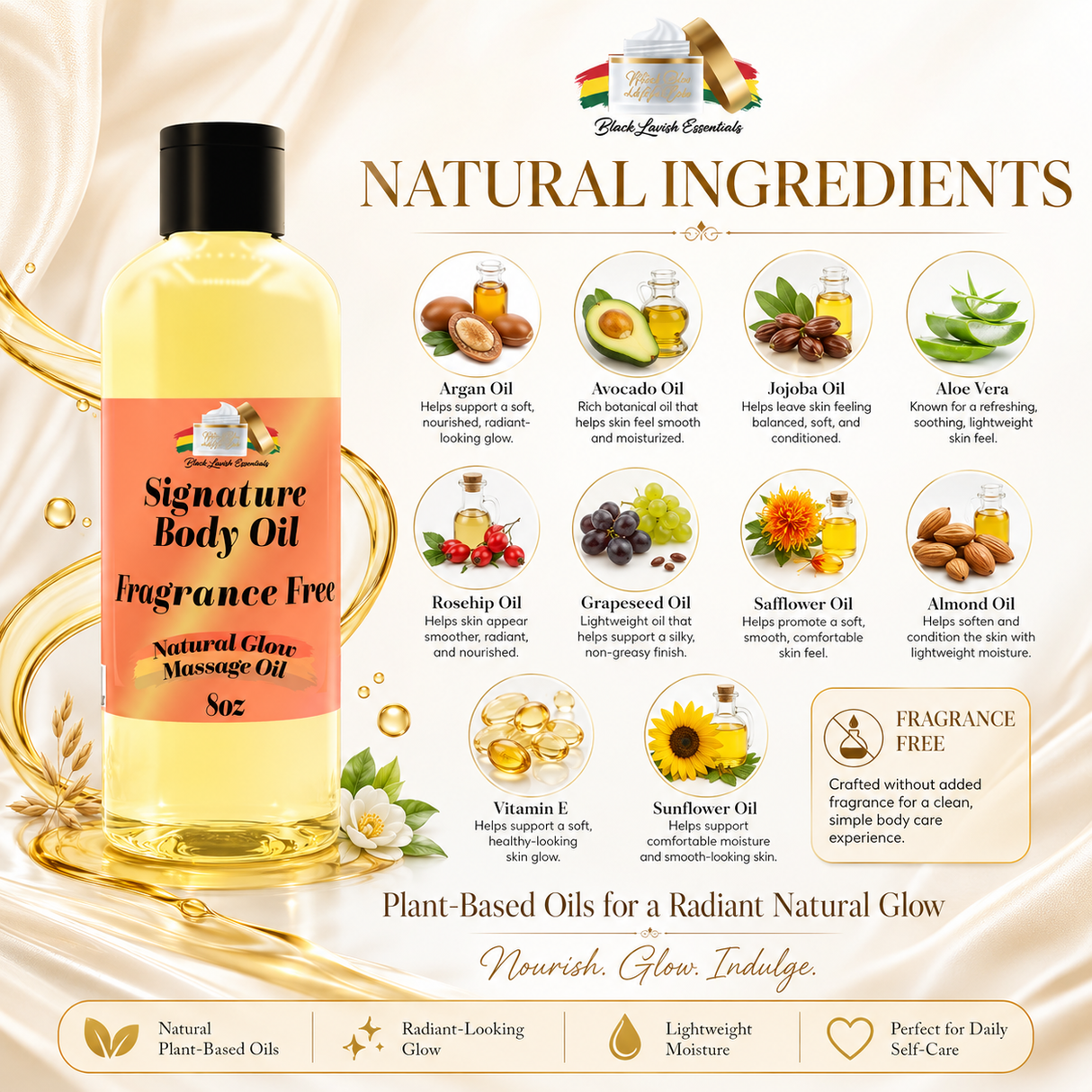 BLE Signature Body Oil<br><br>Intensify Your Natural Glow <br> Dry Skin Body Oil for Deep Hydration, Illustrious Shine, & All-Day Moisture<br><br>8oz Bottle