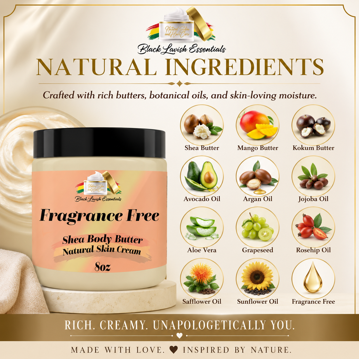 Ultra-Hydrating Body Butter<br><br>Shea Butter Infused with Golden Jojoba Oil, Argan, Rose Hip, & Aloe Vera Oil<br><br>Naturally Glowing Healthy Skin