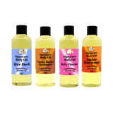 Four bottles of Signature Body Oil with colorful labels on a white background