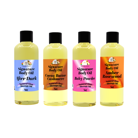 Four bottles of Signature Body Oil with colorful labels on a white background