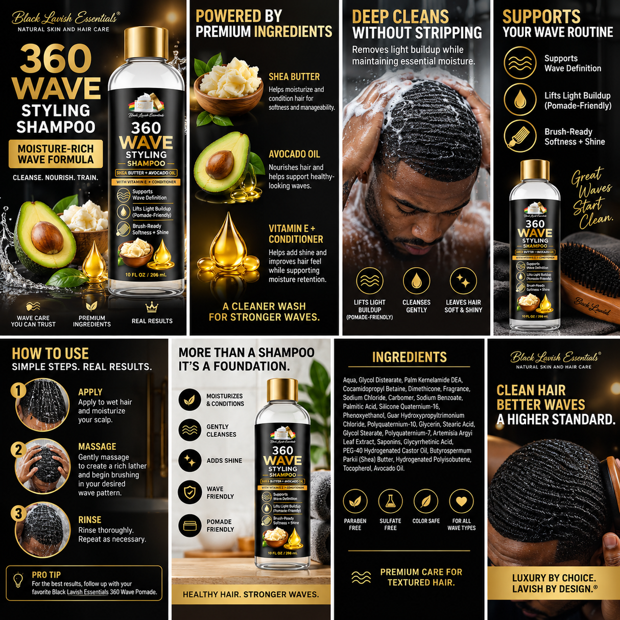 360 Wave Shampoo | Moisturizing Wave Shampoo for Men | Shea Butter, Avocado Oil & Vitamin E | 10oz