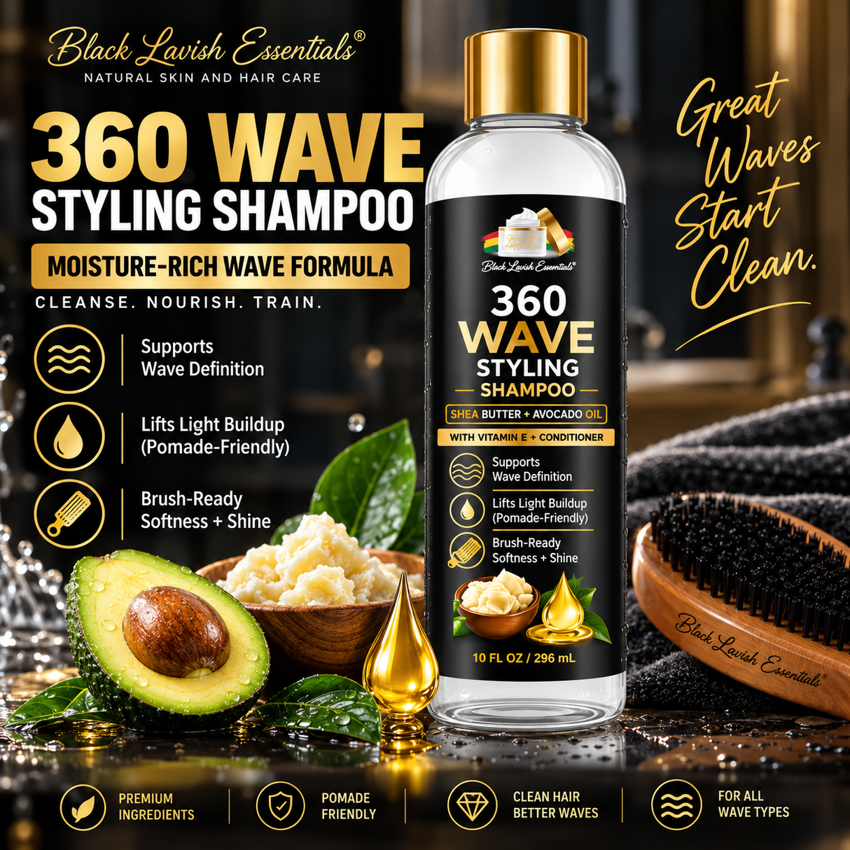 360 Wave Shampoo | Moisturizing Wave Shampoo for Men | Shea Butter, Avocado Oil & Vitamin E | 10oz