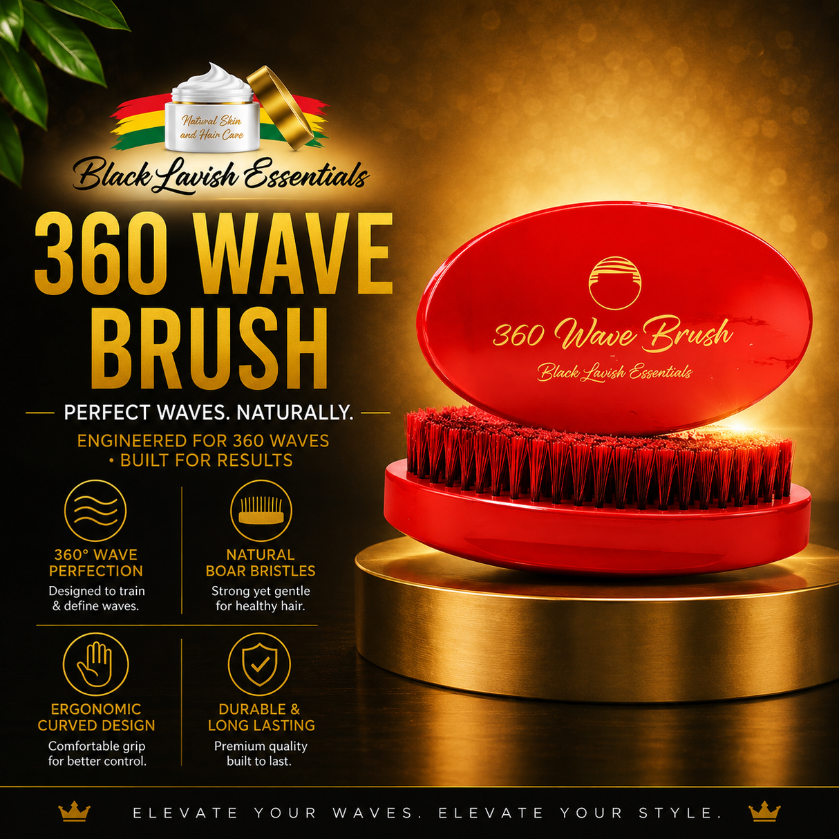 360 Wave Brush for Building Deeper Waves<br><br> Soft & Hard Boar Bristle Curved Brushes