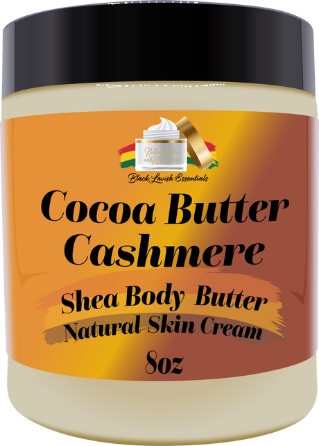 Jar of Cocoa Butter Cashmere Shea Body Butter with a black lid on an orange label.