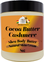 Jar of Cocoa Butter Cashmere Shea Body Butter with a black lid on an orange label.
