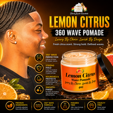 Advertisement for Lemon Citrus 360 Wave Pomade with a man's profile and product details.
