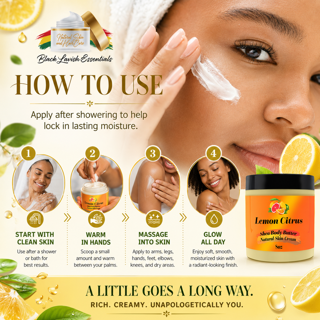 Instructions on how to use Lemon Citrus skin body butter with a woman applying it, surrounded by lemons and green leaves.