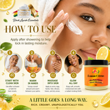 Instructions on how to use Lemon Citrus skin body butter with a woman applying it, surrounded by lemons and green leaves.