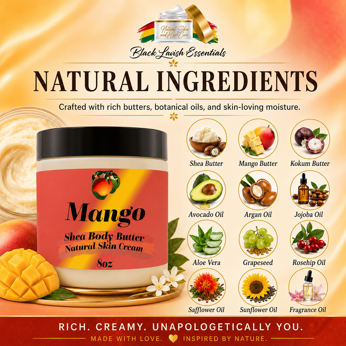 Mango shea body butter with natural ingredients listed on a colorful background