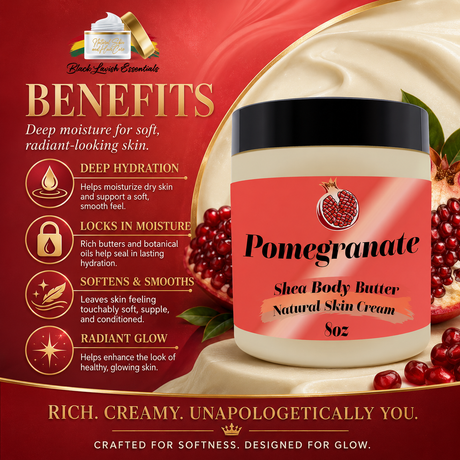 Pomegranate shea body butter jar with benefits listed on a red background
