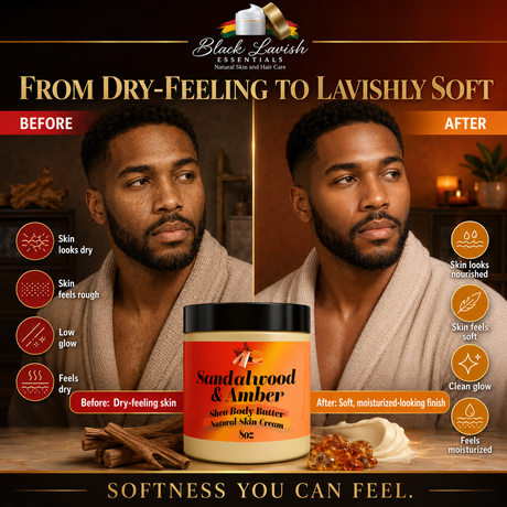 Before and after comparison of a man using Sandalwood & Amber shea body butter, with product packaging displayed.