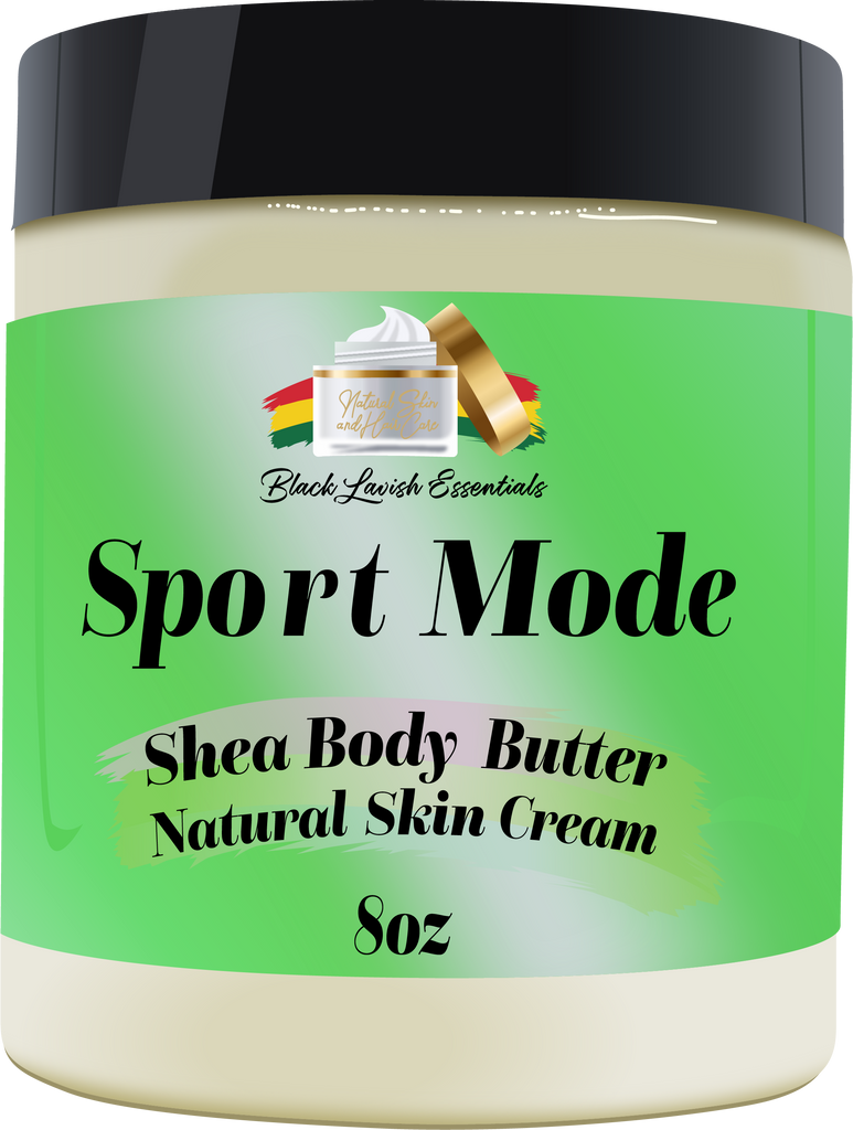 Shea body butter jar with green label and black lid, featuring 'Black Lavish Essentials' brand.