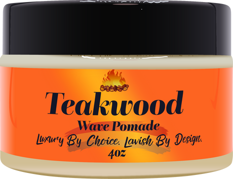 Jar of Teakwood Wave Pomade with black lid and orange label.