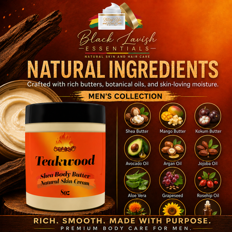 Teakwood Shea Body Butter with natural ingredients on a brown background