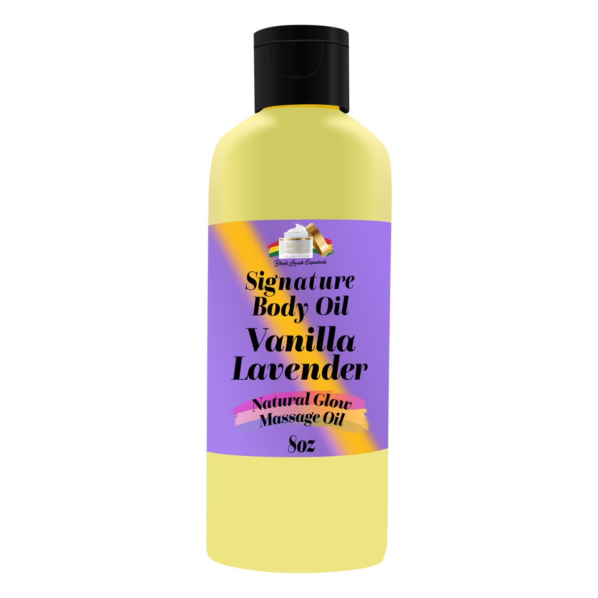 Yellow bottle of Vanilla Lavender body oil with a purple label on a white background