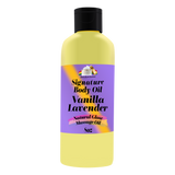 Yellow bottle of Vanilla Lavender body oil with a purple label on a white background