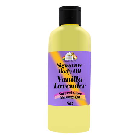 Yellow bottle of Vanilla Lavender body oil with a purple label on a white background