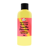 Body oil bottle with yellow label and black cap on a white background