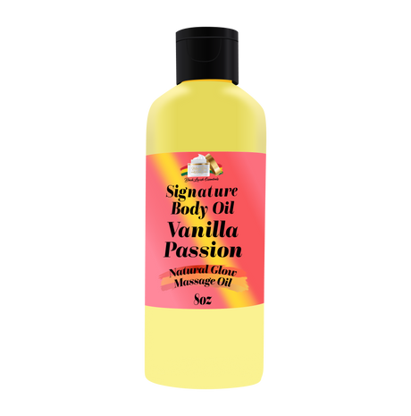 Body oil bottle with yellow label and black cap on a white background