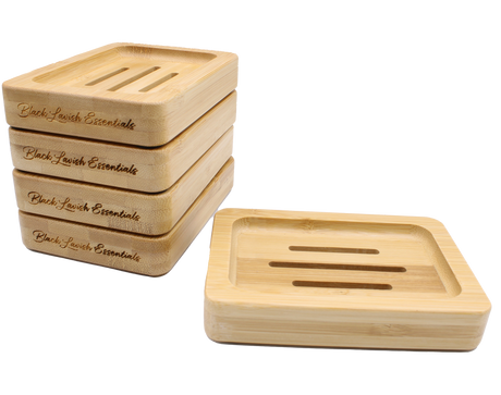 Bamboo wooden soap dishes with Black Lavish Essentials engraved logo, classic 3-slot drainage design for the perfect elegant bathroom aesthetic. Made to preserve your bar soaps in style and class.
